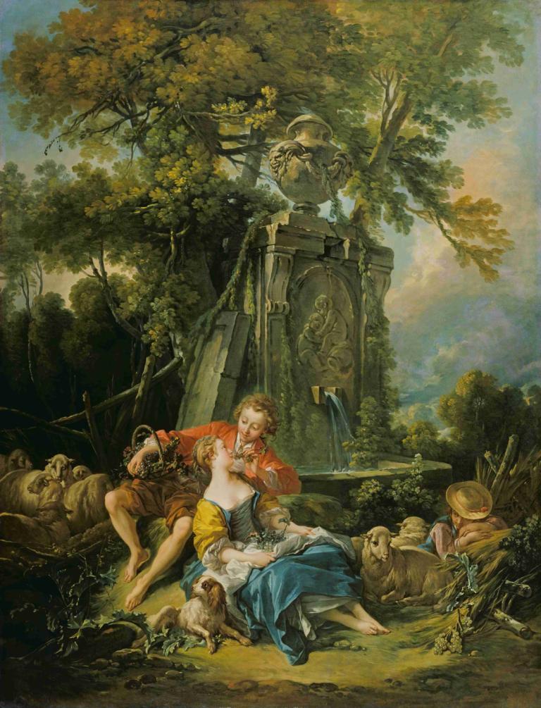 Pastoral with a Couple near a Fountain,François Boucher,Oil Painting,Oil Painting, tree, outdoors