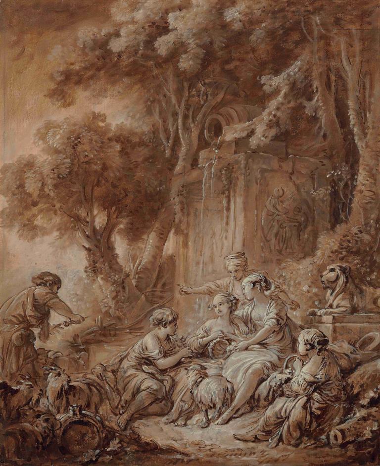 Pastorale au flûteur,François Boucher,Oil Painting,Oil Painting, sepia, multiple boys, multiple girls