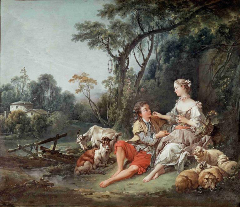 Pense-t-il aux raisins,François Boucher,Oil Painting,Oil Painting, tree, multiple girls, barefoot, 2girls