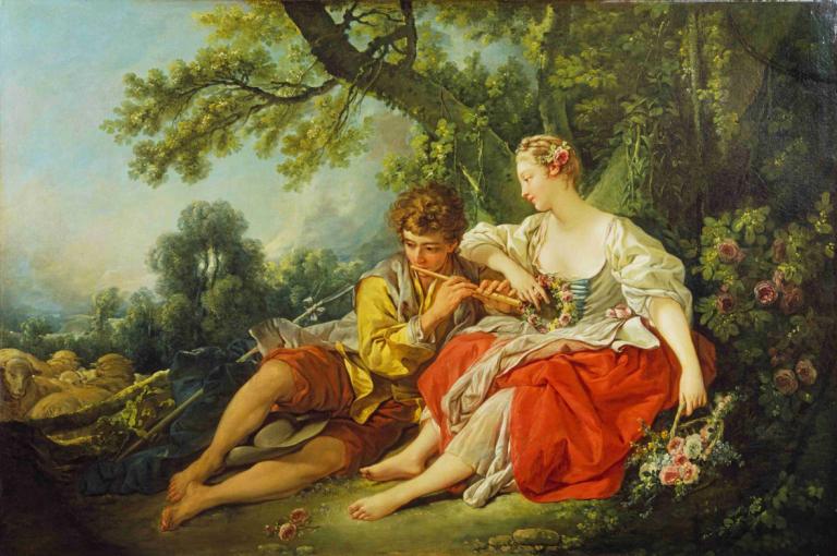 Shepherd Piping to a Shepherdess,François Boucher,Öljymaalaus,Öljymaalaus, 1 tyttö, pään seppele, avojaloin