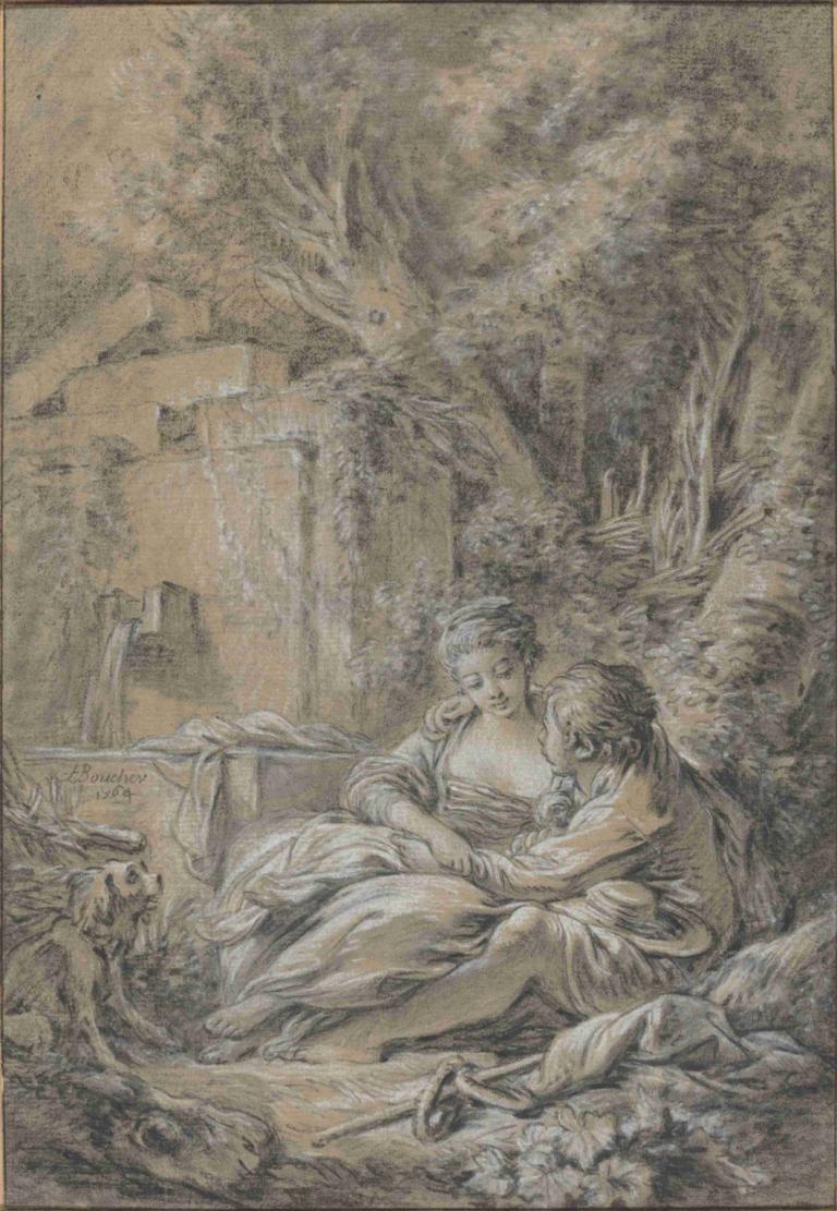 Tête-à-tête,tête-à-tête,François Boucher,Gravura din cupru,Gravura din cupru, copac, 1 băiat, natură, sepia