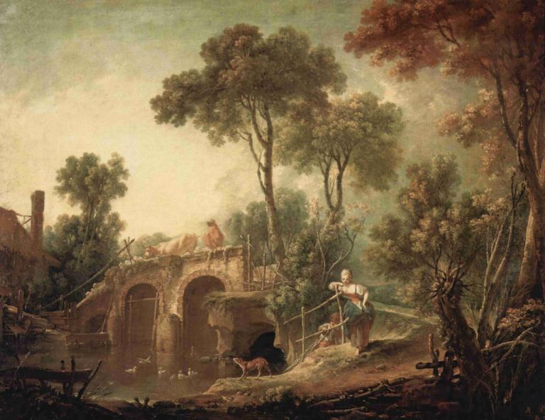 The Bridge,Le pont,François Boucher,Peinture à l'huile,Peinture à l'huile, arbre, paysage, 1garçon