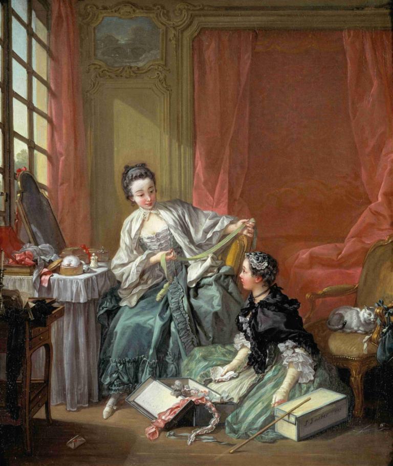 The Milliner,Die Hutmacherin,François Boucher,Ölgemälde,Ölgemälde, Kunstparodie, schwarzes Haar, drinnen