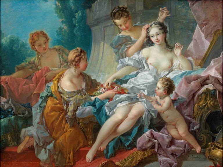 The Toilet of Venus,François Boucher,Oil Painting,Oil Painting, fine art parody, multiple girls, nipples