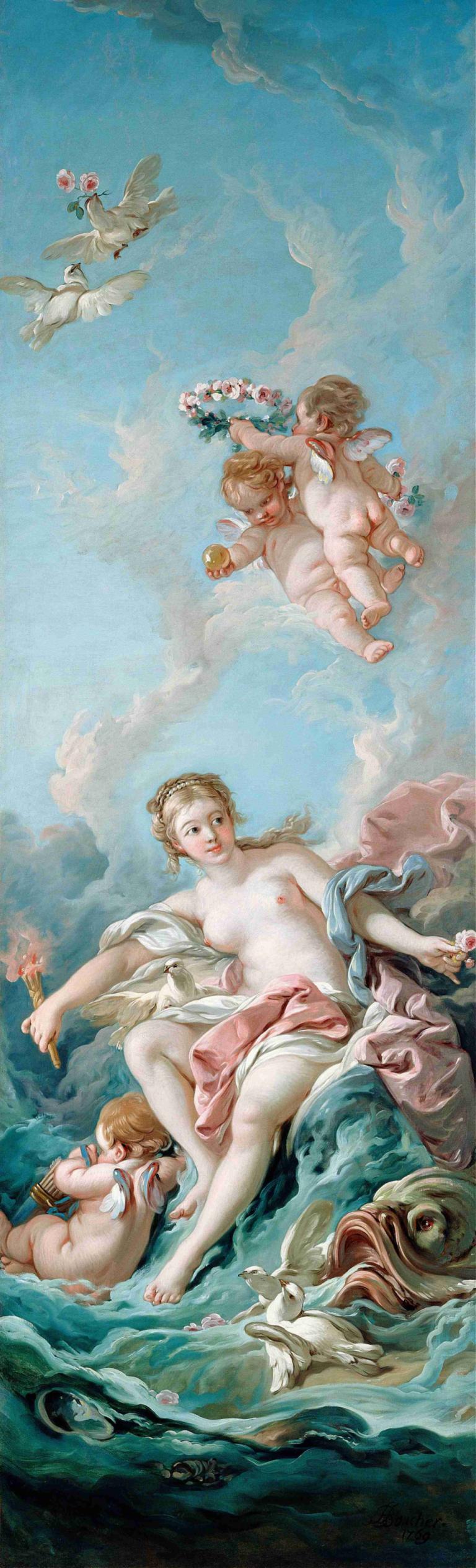 Venus on The Waves,François Boucher,Oil Painting,Oil Painting, water, multiple girls, bird, breasts, cloud