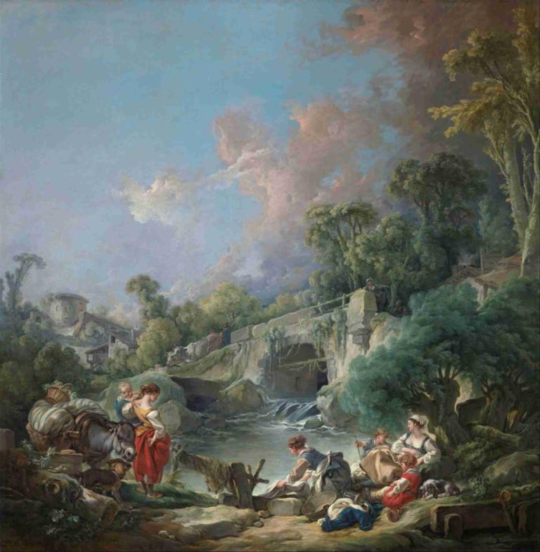 Washerwomen,Vaskedamer,François Boucher,Francois Boucher,Oljemaleri,Oljemaleri, flere gutter, utendørs, tre