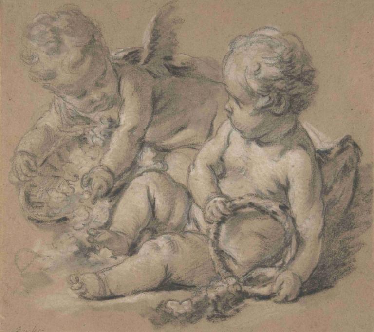 Winged Putti with Flowers,Geflügelte Putten mit Blumen,François Boucher,Kupferstich,Kupferstich, einfarbig