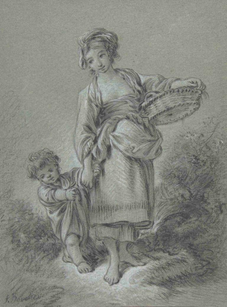 Woman and Boy,Frau und Junge,François Boucher,Kupferstich,Kupferstich, einfarbig, barfuß, Korb, 1Mädchen