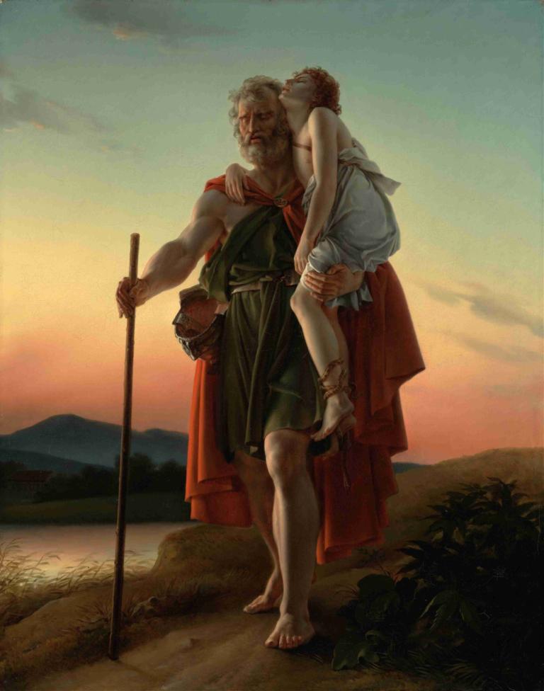 Belisarius,François Gérard,Oil Painting,Oil Painting, 1girl, barefoot, cape, 1boy, carrying, cane, red cape