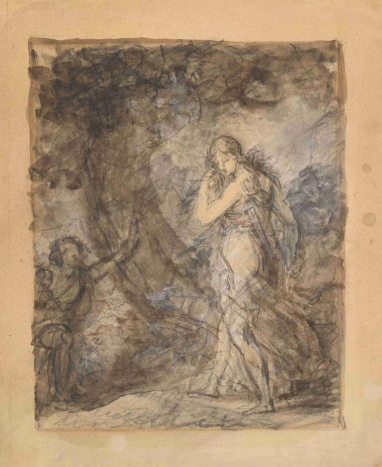 Daphnis Running toward Chloe,François Gérard,Copperplate Etching,Copperplate Etching, tree, 1girl, long hair