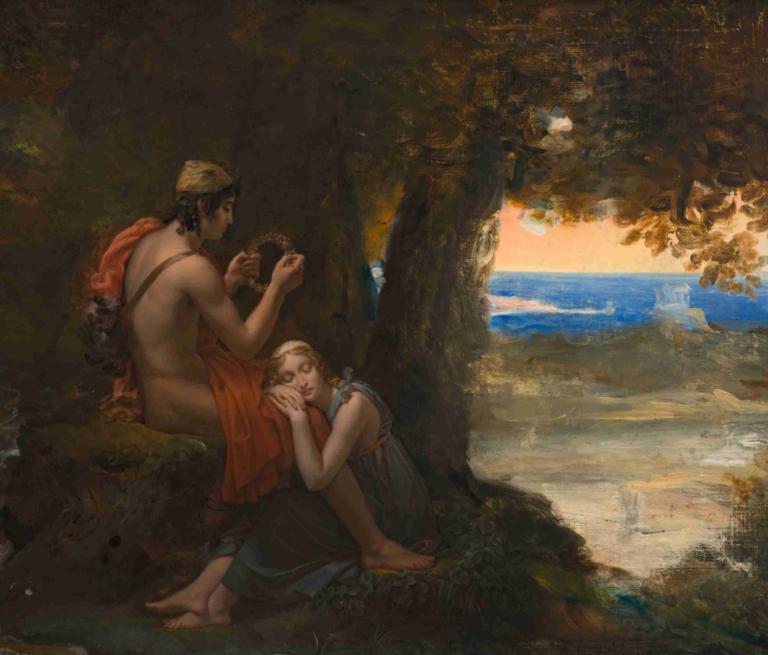 Daphnis and Chloe,François Gérard,Oil Painting,Oil Painting, fine art parody, barefoot, tree, blonde hair