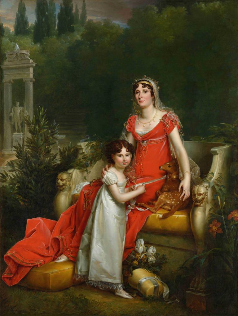 Elisa Bonaparte with her daughter Napoleona Baciocchi,François Gérard,Oil Painting,Oil Painting, tree, 1girl