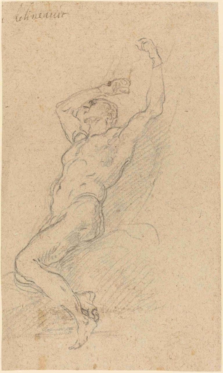 A Nude Man Chained to a Rock,Francesco Solimena,Sketch,Sketch, 1boy, male focus, solo, monochrome, sketch