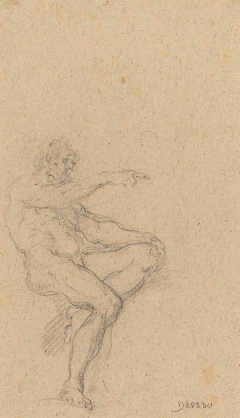 A Seated Nude Man Pointing to the Right,Francesco Solimena,Sketch,Sketch, 1boy, male focus, solo, nude