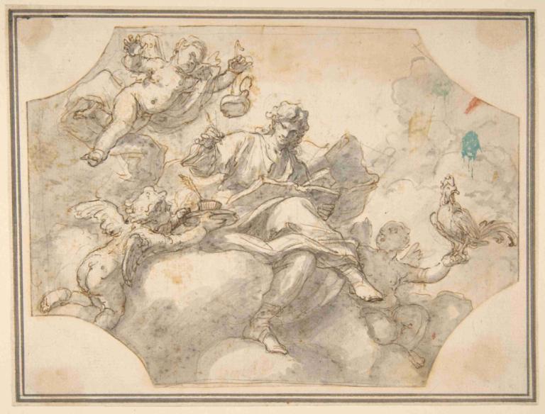 Allegorical Figure of Study,Francesco Solimena,Sketch,Sketch, fine art parody, bird, multiple boys, wings