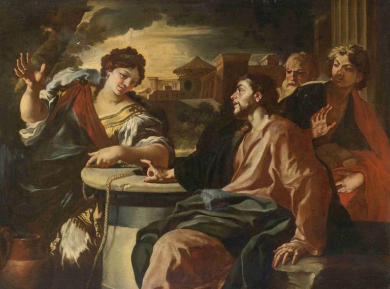 Christ And The Woman Of Samaria,Kristus og Samarias kvinde,Francesco Solimena,Oliemaleri,Oliemaleri