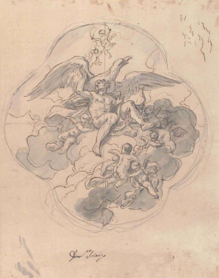 Jupiter with his Eagle,Francesco Solimena,Sketch,Sketch, wings, monochrome, fine art parody, multiple boys