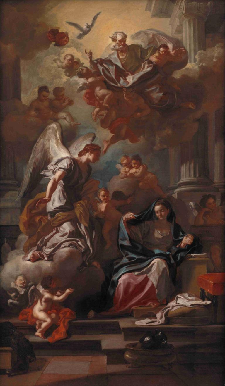 The Annunciation,수태고지,Francesco Solimena,프란체스코 솔리메나,오일 페인팅,오일 페인팅, 미술 패러디, 여러 소년, 날개, 천사, 동상, 새, 천사 날개, 옷