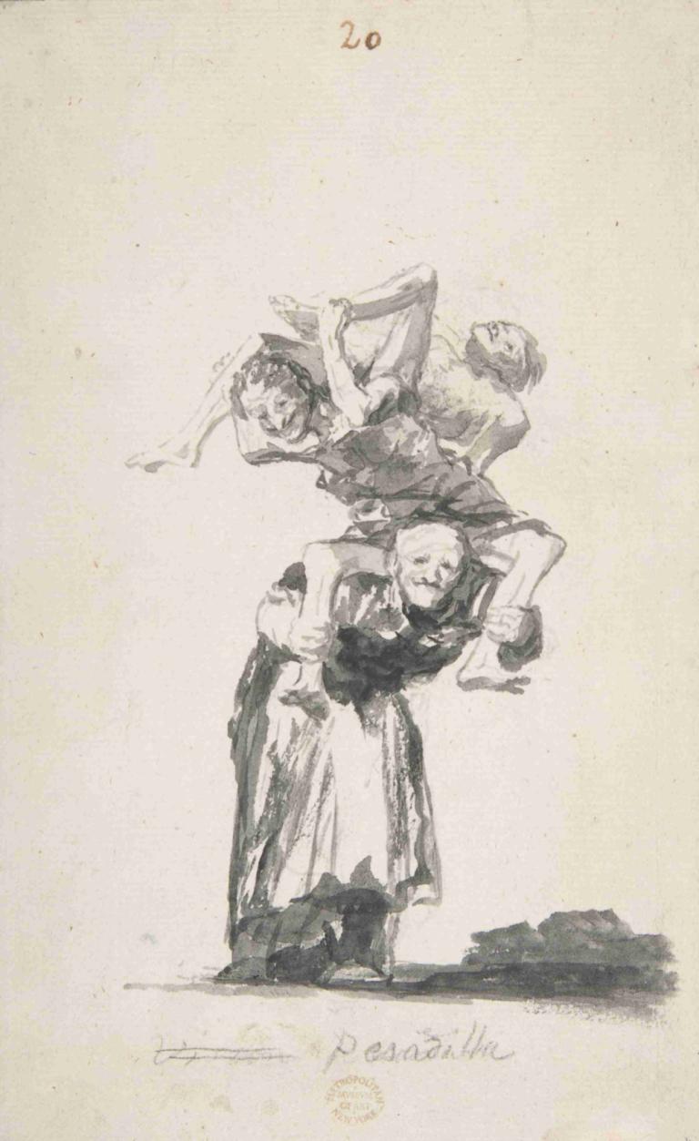 'Nightmare'; an old woman carrying figures on her back,"Koszmar"; stara kobieta niosąca postacie na plecach