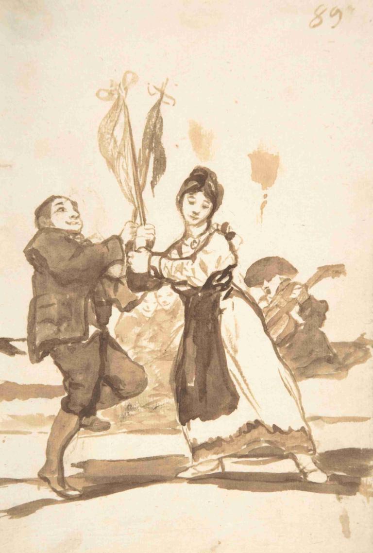 A country dance,Francisco de Goya,Copperplate Etching,Copperplate Etching, 1girl, dress, multiple boys, sepia