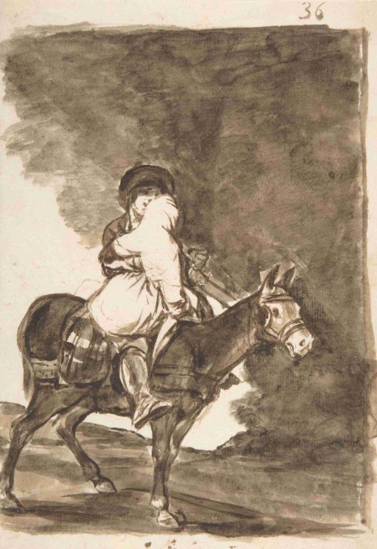 A man and a woman riding a mule,Muž a žena jedoucí na mule,Francisco de Goya,Mědirytinový lept