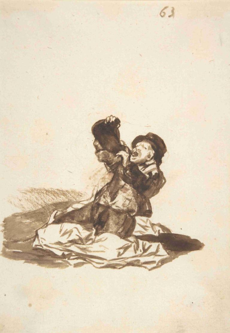 A man on the ground drinking from a wine skin,Мужчина на земле пьет из шкуры вино.,Francisco de Goya