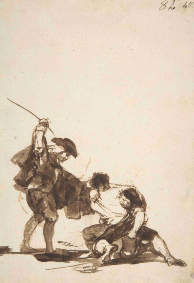 A man with a raised whip breaking up a fight between two figures,Francisco de Goya,Copperplate Etching