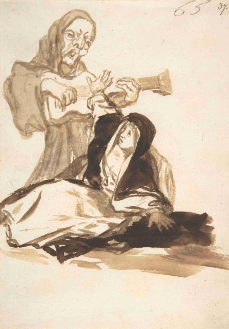 A nun frightened by a ghost playing a guitar,Một nữ tu sợ hãi bởi những hồn ma chơi ghi-ta.,Francisco de Goya