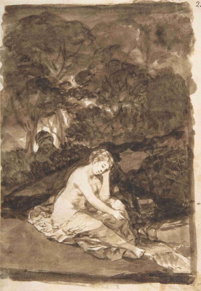 A partly naked woman seated by a stream,Una donna parzialmente nuda seduta vicino a un ruscello