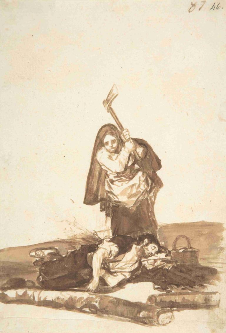 A woman about to attack a sleeping man with an axe