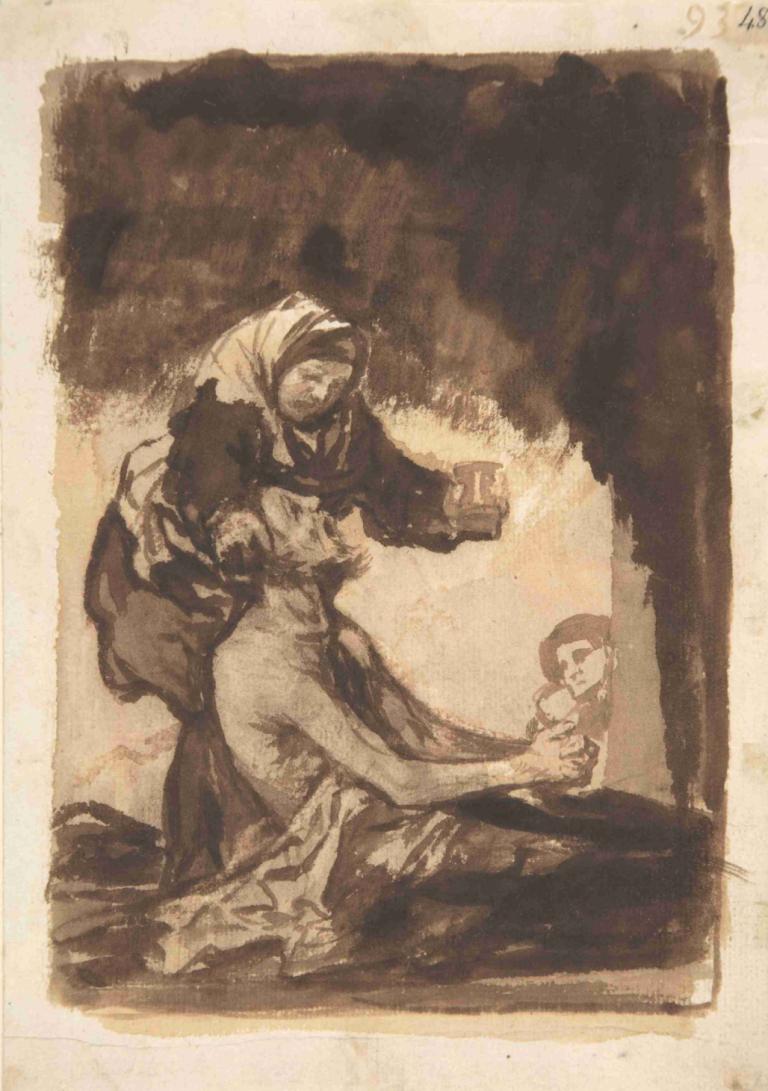 A woman giving a mug to an old man,En kvinne som gir et krus til en gammel mann,Francisco de Goya