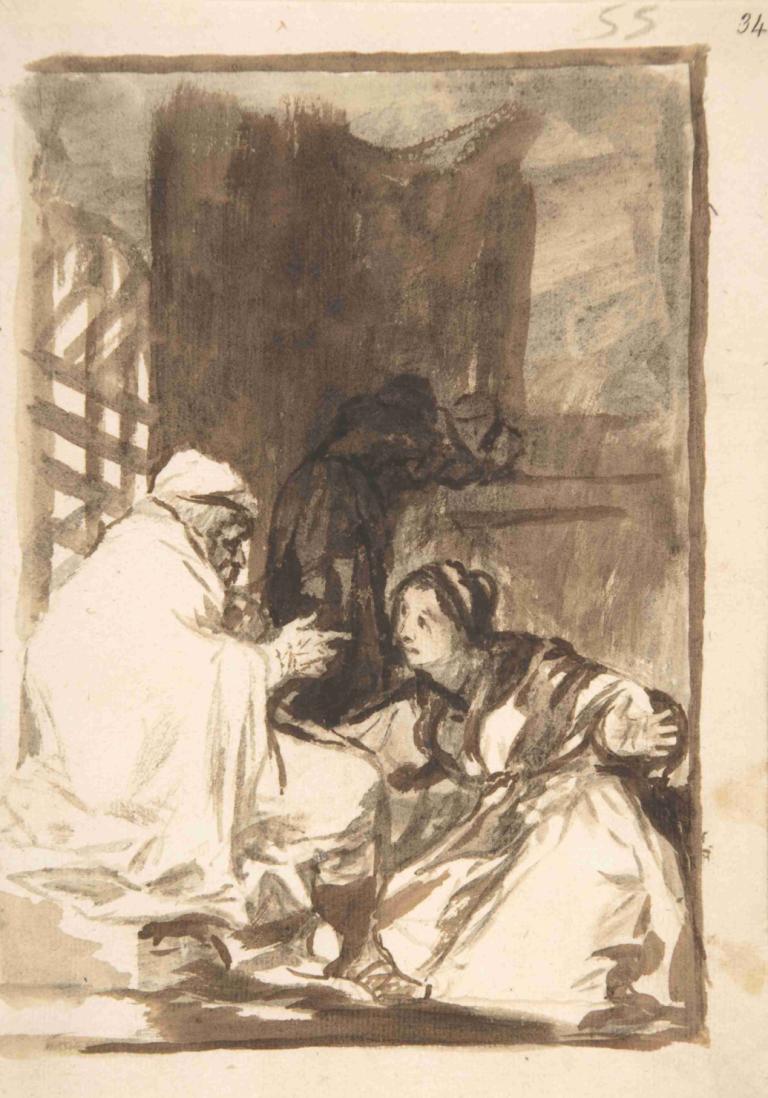 A woman kneeling, her arms wide, before an old man,Una donna inginocchiata, con le braccia larghe