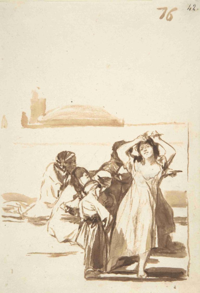 A woman pulling at her hair being watched by a group of figures,Žena, která si tahá za vlasy