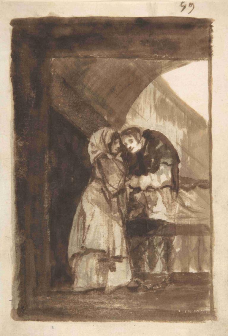 A woman talking to a priest in a covered archway