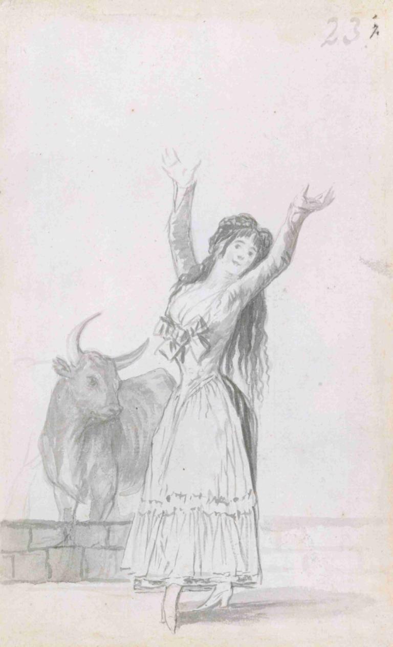 A young woman dancing, her arms raised, a bull in the background