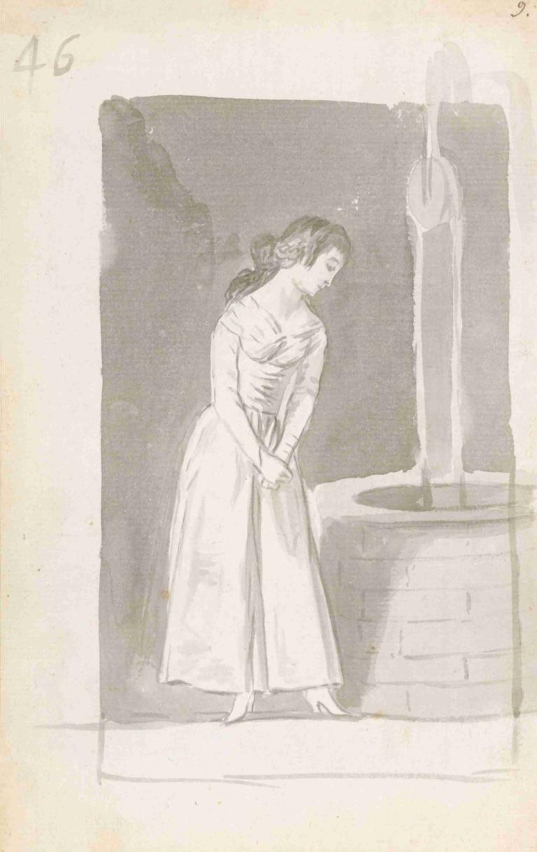 A young woman looking into a well,Francisco de Goya,Copperplate Etching,Copperplate Etching, 1girl, dress