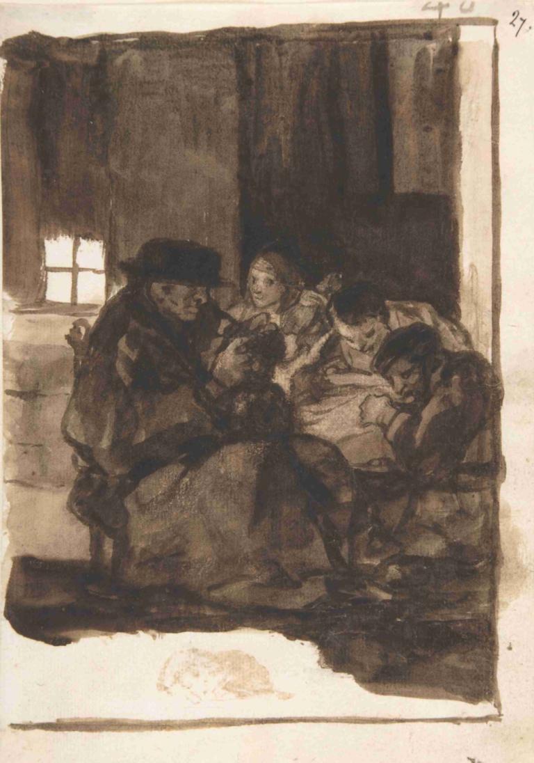 An old man delousing a boy in an interior, accompanied by three figures,Francisco de Goya,Copperplate Etching