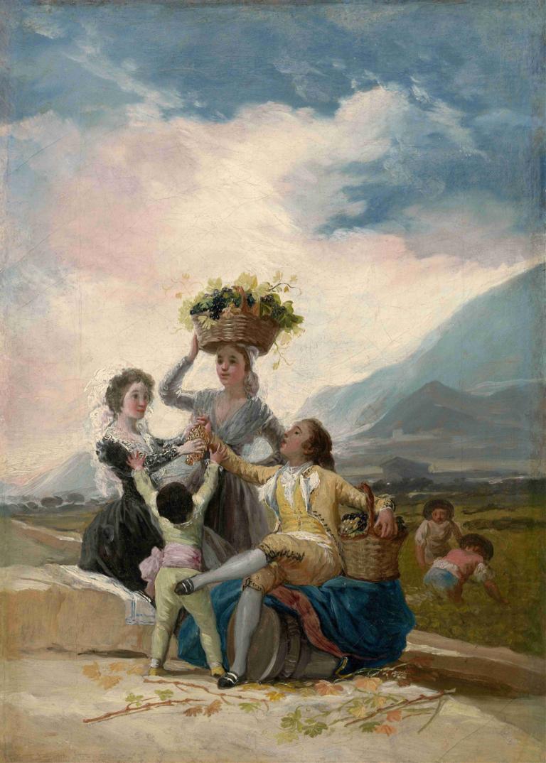 Autumn,秋季,Francisco de Goya,弗朗西斯科-德-戈雅,油画,油画, 美术模仿, 多个女孩, 绘画（中）, 户外, 裙子, 云, 天空, 水彩（中）, 篮子, 骑术, 戏仿, 马, 山