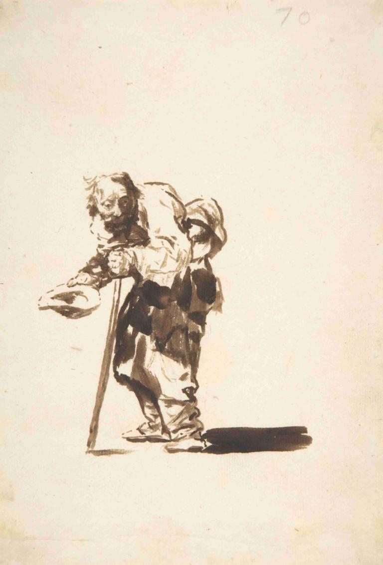 Beggar with a staff in his left hand,左手持杖的乞丐,Francisco de Goya,弗朗西斯科-德-戈雅,铜版画,铜版画, 单色, 甘蔗, 老的, 男性焦点, 多个男孩, 帽子