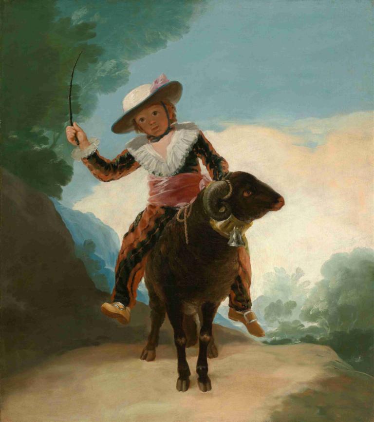 Boy on a Ram,Francisco de Goya,Oil Painting,Oil Painting, 1girl, hat, riding, outdoors