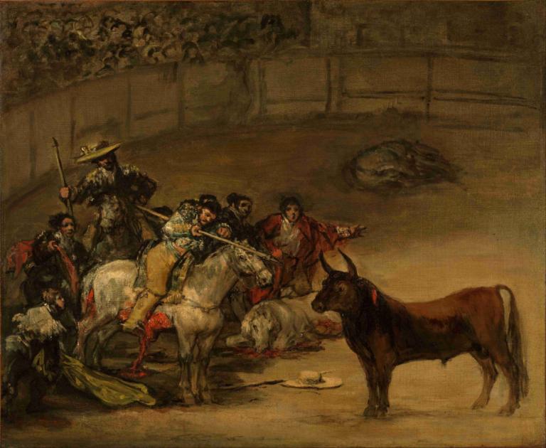 Bullfight, Suerte de Varas,Francisco de Goya,Oil Painting,Oil Painting, horse, multiple boys, fine art parody