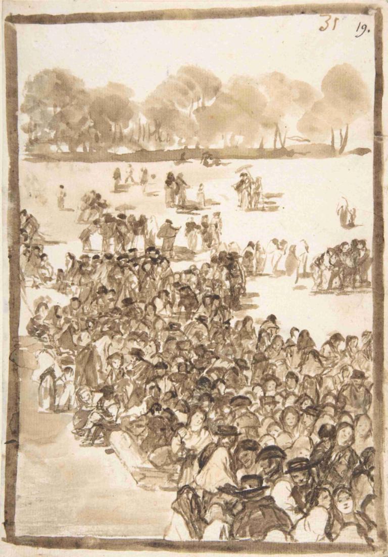 Crowd in a Park,Francisco de Goya,Copperplate Etching,Copperplate Etching, 6+boys, multiple girls