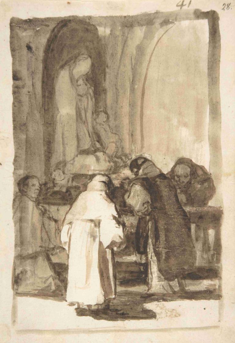 Figures inside a church,Francisco de Goya,Copperplate Etching,Copperplate Etching, multiple boys, sepia