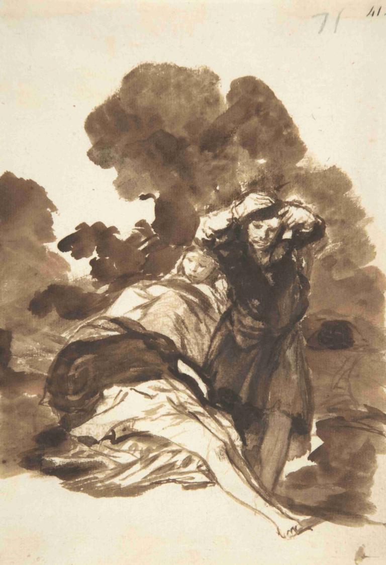 Figures waking from sleep,从睡梦中醒来的人物,Francisco de Goya,弗朗西斯科-德-戈雅,铜版画,铜版画, 单色, 棕褐色, 赤脚, 说谎, 一边, 传统媒体, 树, 1个女孩