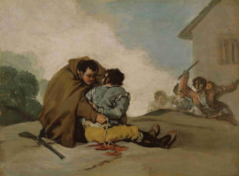 Friar Pedro Binds El Maragato with a Rope,佩德罗修道士用绳子捆绑马拉加托,Francisco de Goya,弗朗西斯科-德-戈雅,油画,油画, 多个男孩, 武器, 枪, 黑发