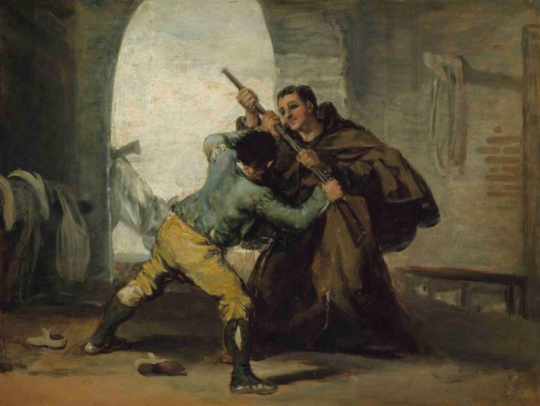 Friar Pedro Wrests the Gun from El Maragato,佩德罗修道士从马拉加托手中夺枪,Francisco de Goya,弗朗西斯科-德-戈雅,油画,油画, 多个男孩, 武器