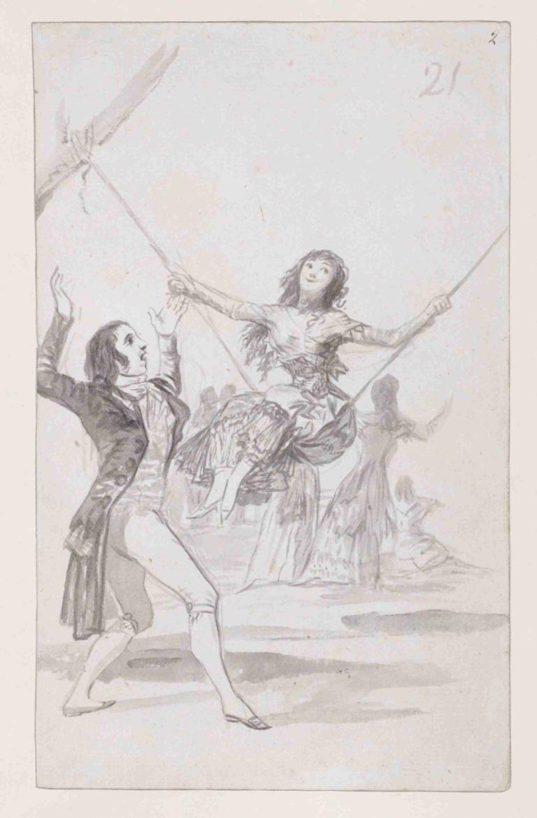 Girl on a swing, a man with his arms raised,荡秋千的女孩，举起双臂的男人,Francisco de Goya,弗朗西斯科-德-戈雅,铜版画,铜版画, 跳舞, 单色, 多个女孩