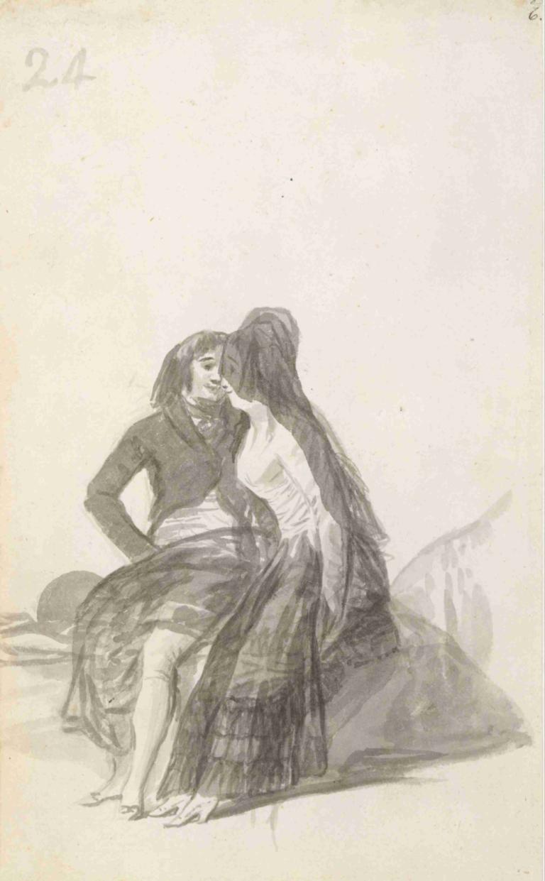 Lovers Sitting on a Rock,坐在岩石上的恋人,Francisco de Goya,弗朗西斯科-德-戈雅,铜版画,铜版画, 单色, 多个女孩, 2个女孩, 长发, 尤里, 裙子, 赤脚, 坐着