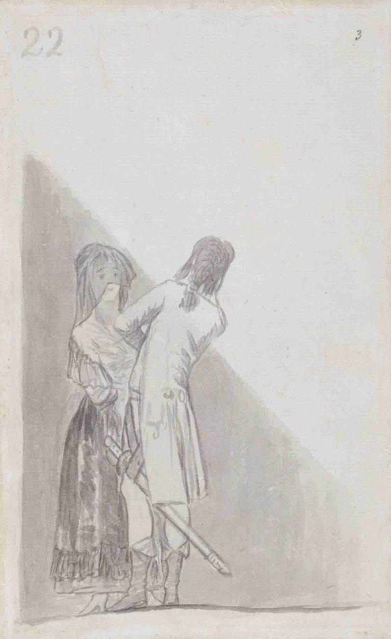 Maja and an officer,玛雅和一名军官,Francisco de Goya,弗朗西斯科-德-戈雅,铜版画,铜版画, 1个女孩, 单色, 1男孩, 武器, 剑, 长发, 身高差, 靴子, 传统媒体