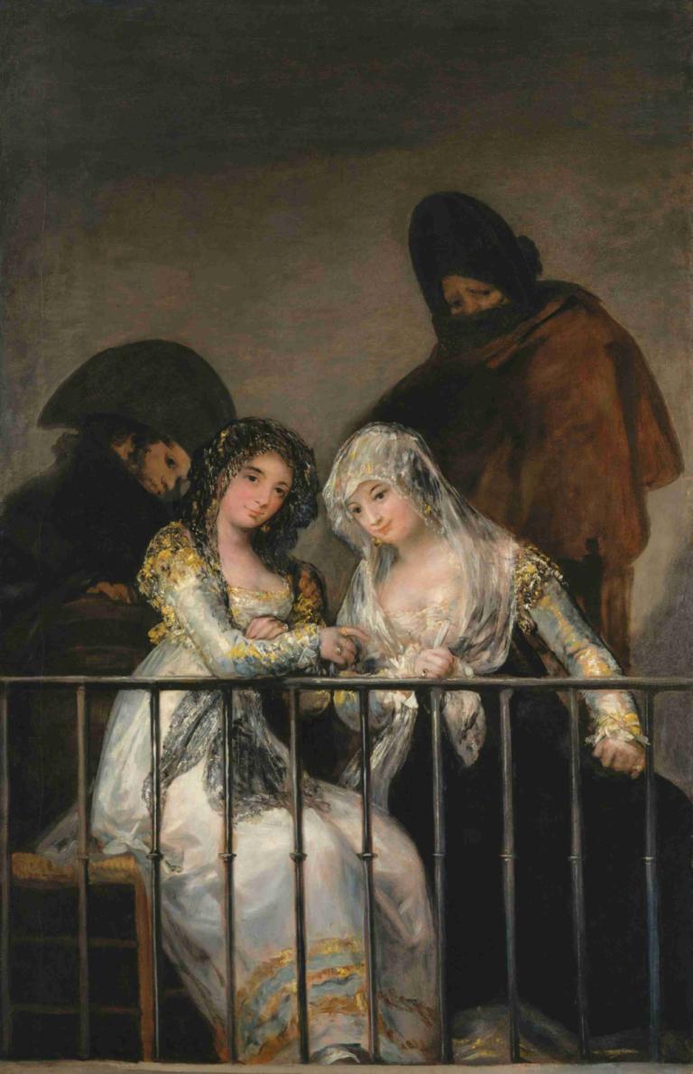 Majas on a Balcony,阳台上的玛雅人,Francisco de Goya,弗朗西斯科-德-戈雅,油画,油画, 多个女孩, 美术模仿, 裙子, 黑发, 2个女孩, 栏杆, 长发, 坐着, 多个男孩, 兜帽